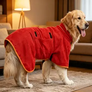 Dog Bathrobe Towel, Super Absorbent Microfiber Pet Drying Robe with Pocket & Adjustable Strap, Fast Drying Dog Bath Towel Wrap for Large Medium Small Dogs