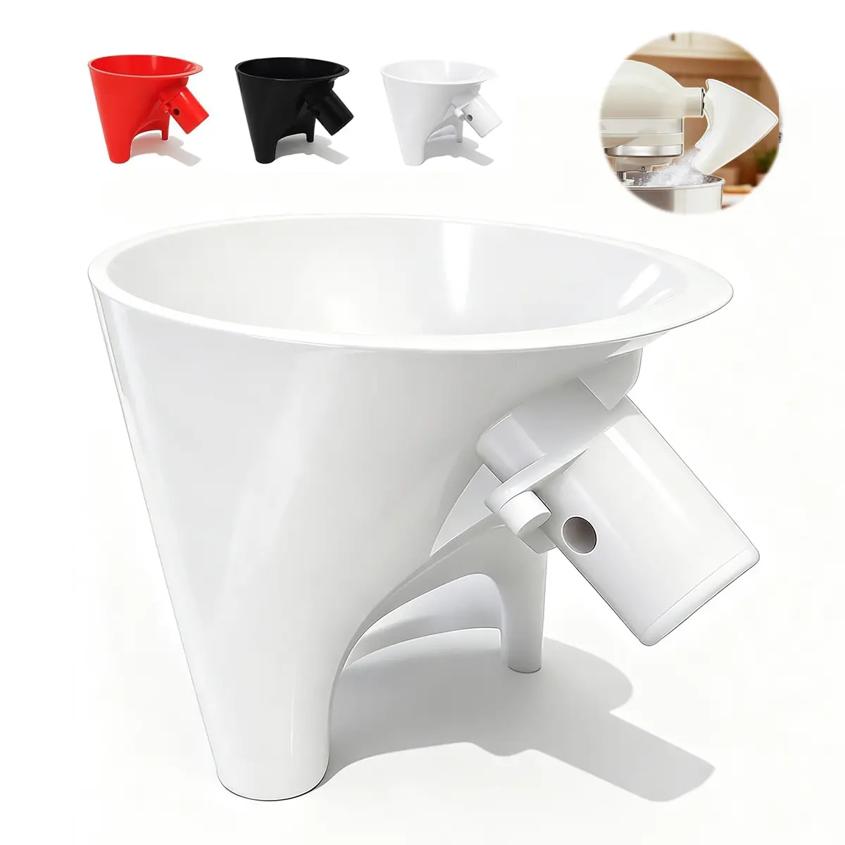 White Flour Funnel for Mixer, Stand Mixer Accessories for 4.5-5 Qt Tilt-Head Models, Easy Pour Attachment, Dishwasher Safe Baking Tool