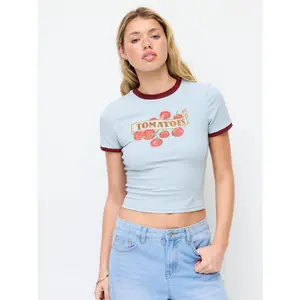 Cider Cotton-blend Tomato Graphic Ringer Neck Short Sleeve Tee