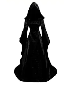 Women Witch Dress Costume, Vintage Embroidered Renaissance Costume Gothic Hooded Vampire Costume Medieval Dress Halloween Costume Cosplay
