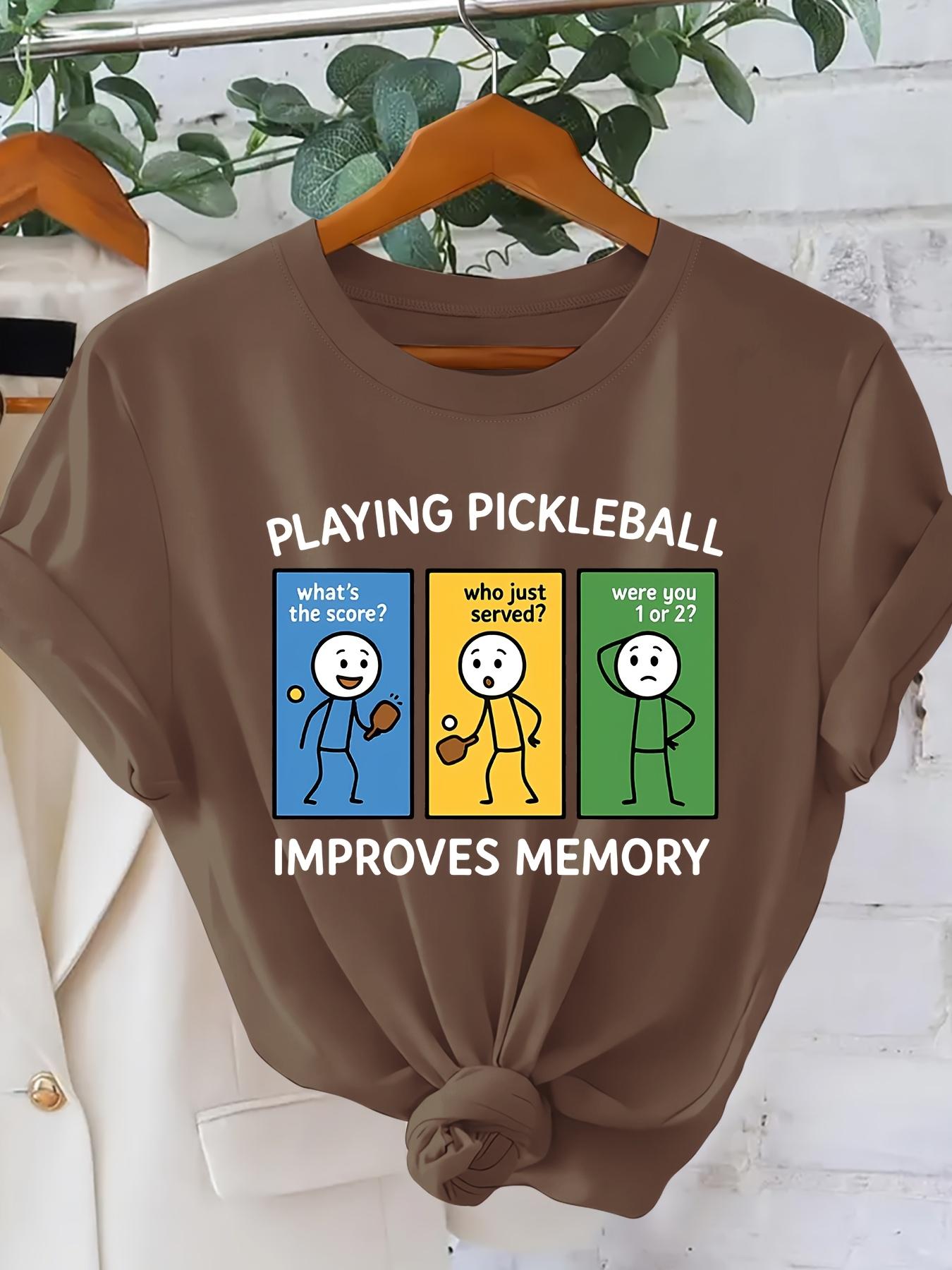 PLAYING PICKLEBALL Fun Cartoon Character Print Fashionable Vintage Style Women's Short Sleeve T-Shirt, Spring/Summer Daily Commute Casual Versatile Elegant Women's Apparel, Sporty Trendy Versatile Design, Simple Round Neck Comfortable Breathable Top,