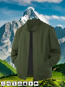 Men's Plain Casual Baseball Jacket, Loose-Fitting Woven Fabric, Outdoor Workwear, Fall & Winter Fashion, Friday Discount