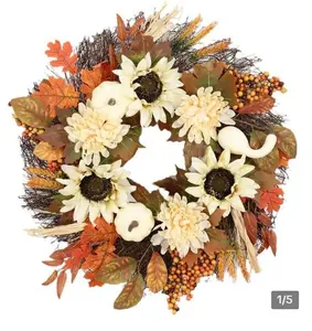 Autumn Thanksgiving White Pumpkin wreath Harvest Festival Sunflower Maple leaf 50CM wreath decorative door decoration new product