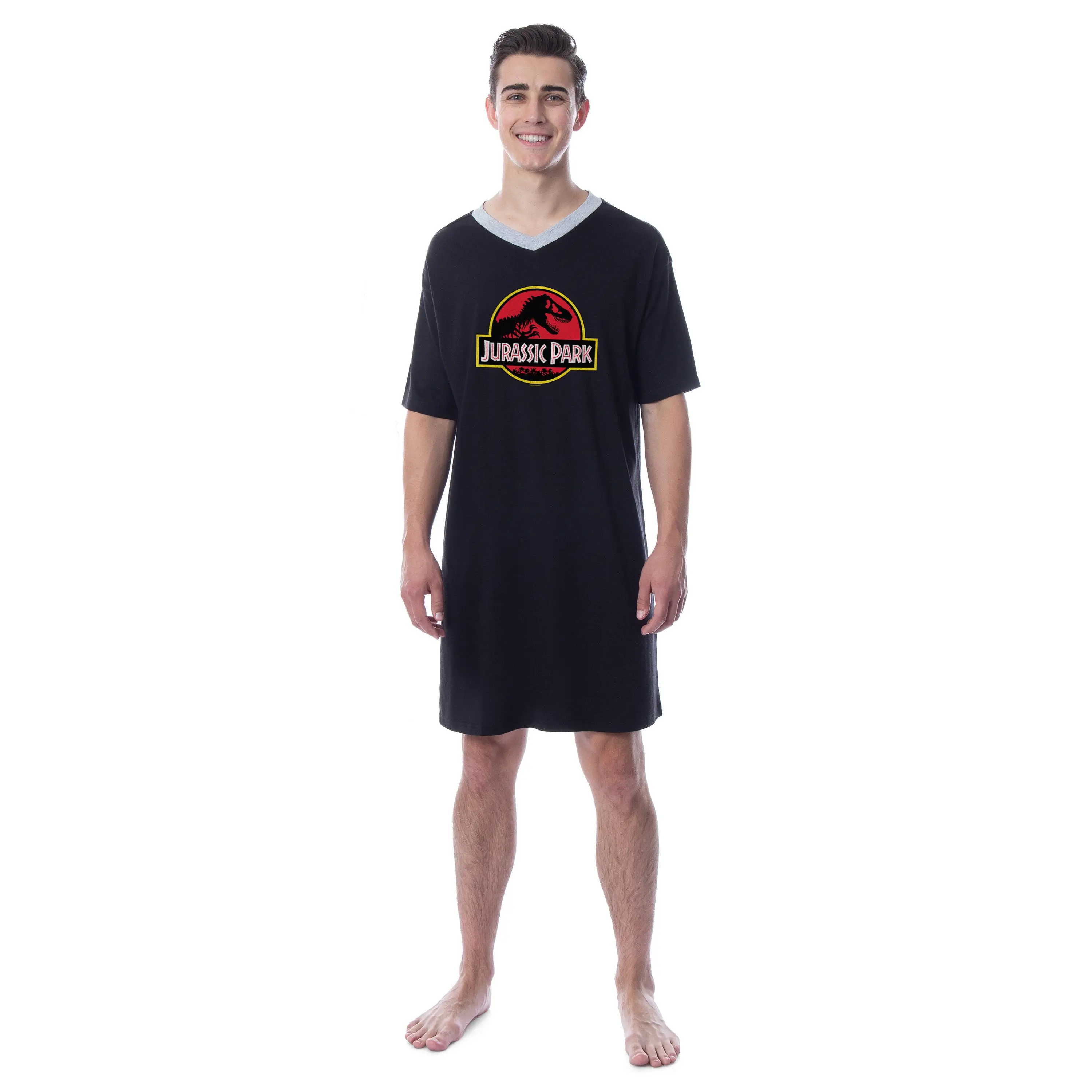 Jurassic Park Mens' Dinosaur Film Logo Sleep Pajama Dress Shirt Soft Short