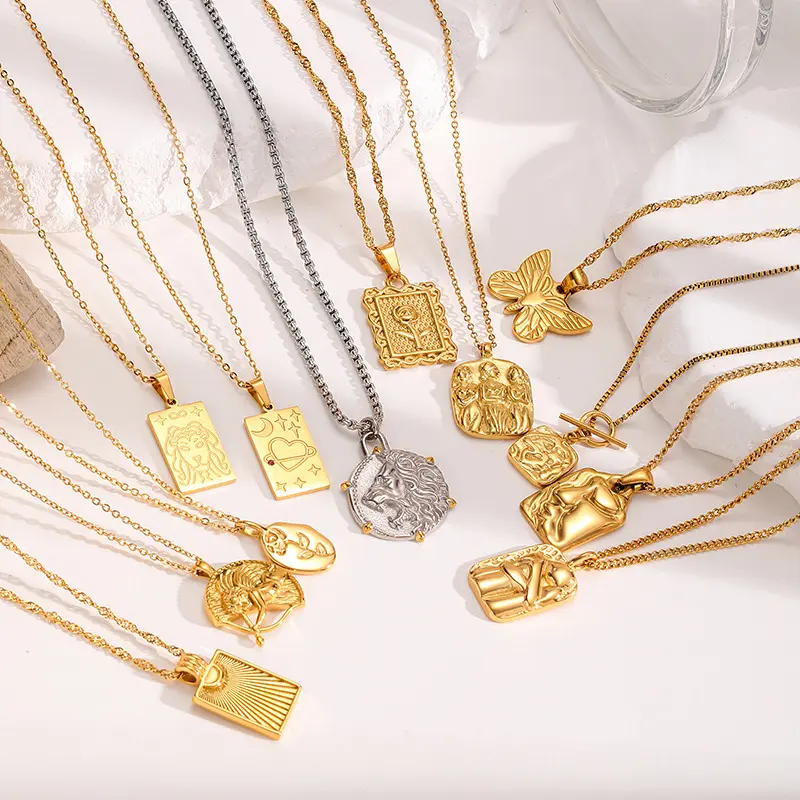 European and American embossed necklaces, niche luxury heart-shaped Cupid pendants, stainless steel sweater chains, vintage titanium steel accessories European and American embossed necklaces, niche luxury heart-shaped Cupid pendants, stainless steel sweater chains, vintage titanium steel accessories