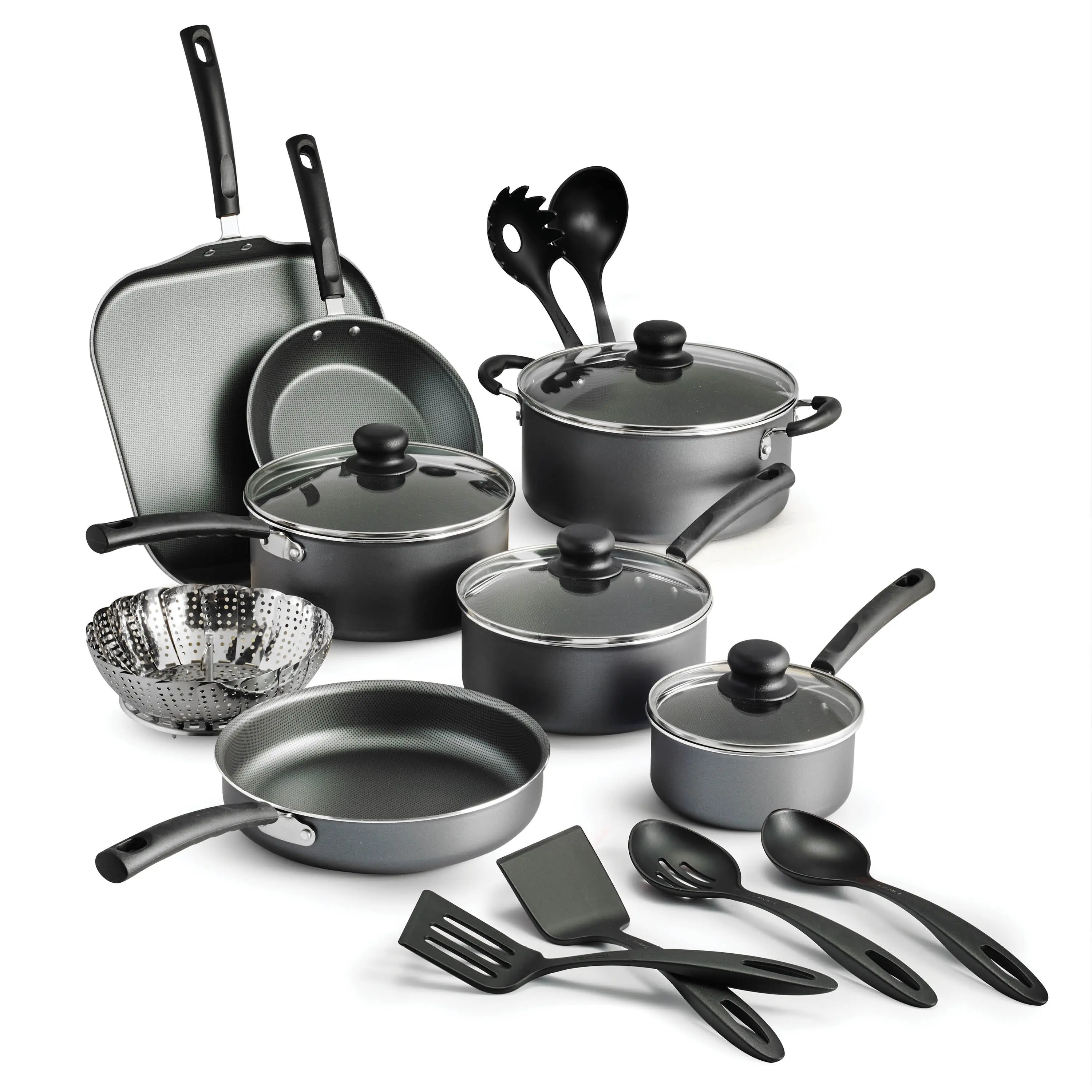 The Tramontina Primaware 18-Piece Non-stick Cookware Set in Steel Gray is an affordable and comprehensive kitchen starter set, ideal for those seeking