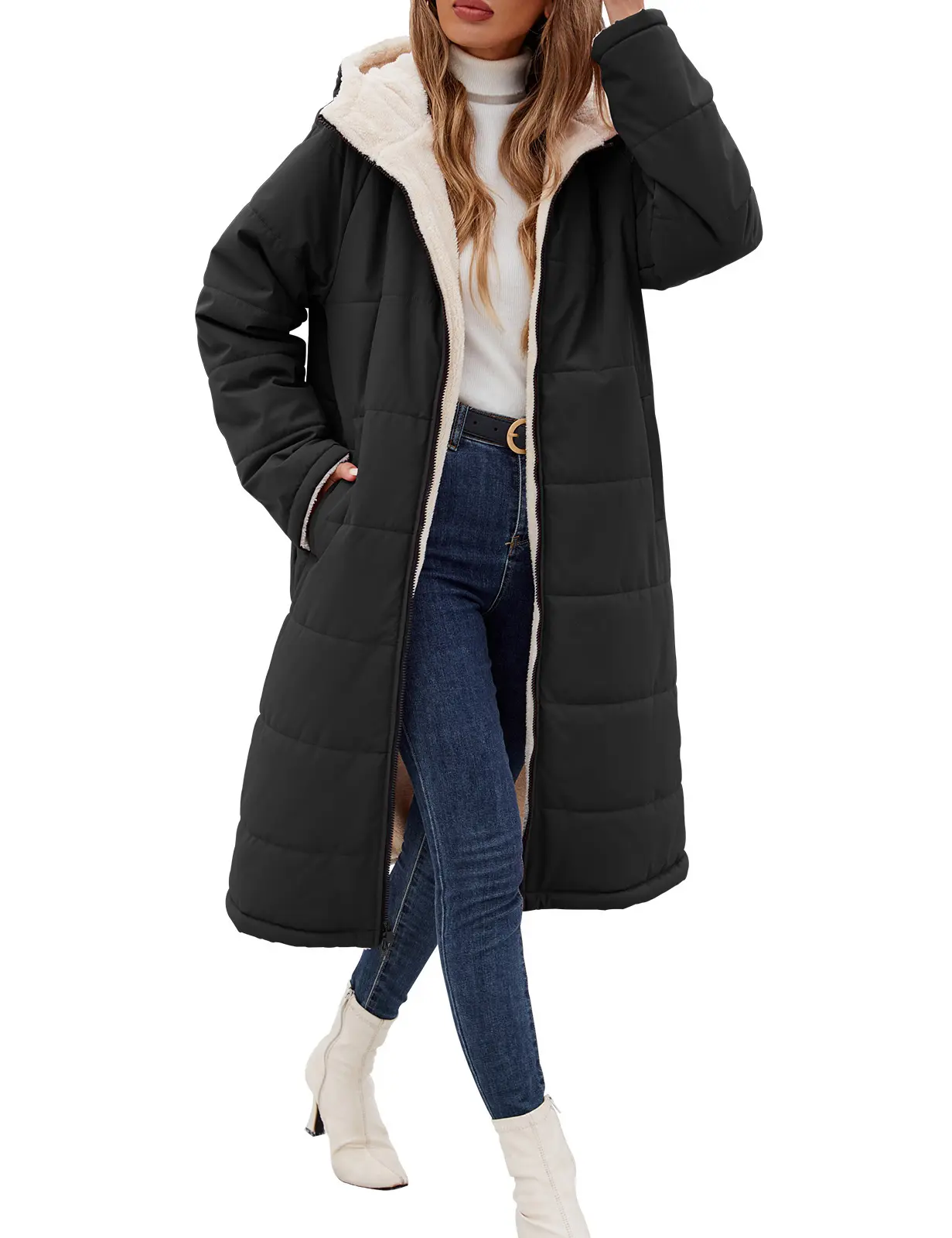 C-Fashora Long Womens Winter Coat Sherpa Fleece Lined Puffer Jackets with Hood Quilted Reversible 2-in-1 Design, Water Repellent, Two-Way Zipper, Warm for Commutes Travel Errands Shopping Walks Outdoor