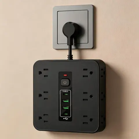 Square Shape Surge Protection Power Strip Charging Hub - 16-in-1 Multi-Connector Plug Sockets, 12+2+2 Ports Universal Adapter, 3-in-1 Multi-Port Design, Independent Power Switches, USB Charging Station for Home, Office Use