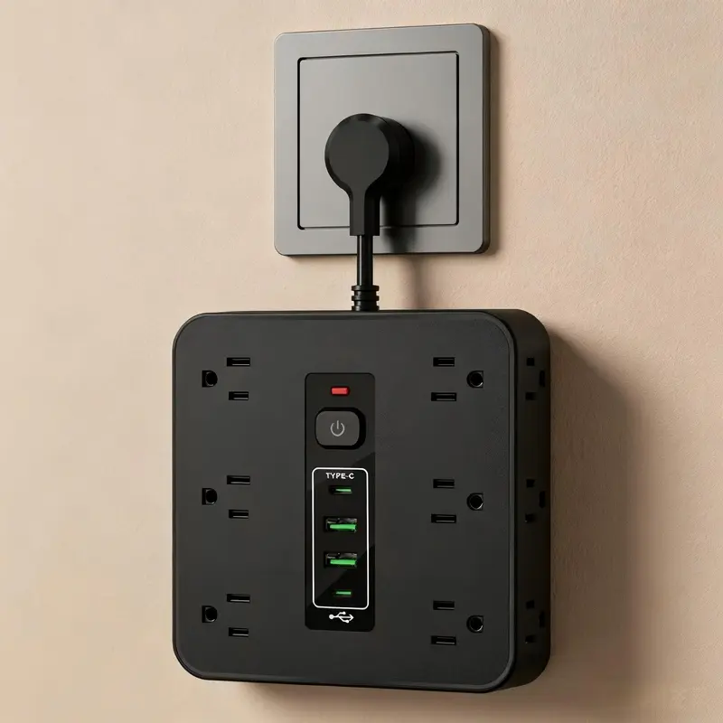Square Shape Surge Protection Power Strip Charging Hub - 16-in-1 Multi-Connector Plug Sockets, 12+2+2 Ports Universal Adapter, 3-in-1 Multi-Port Design, Independent Power Switches, USB Charging Station for Home, Office Use