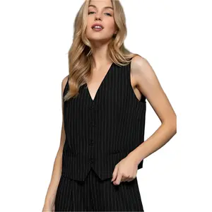 Pin Stripe Woven Vest with V-Neckline, Elegant Design, Comfortable Fit, Ideal for Everyday Wear