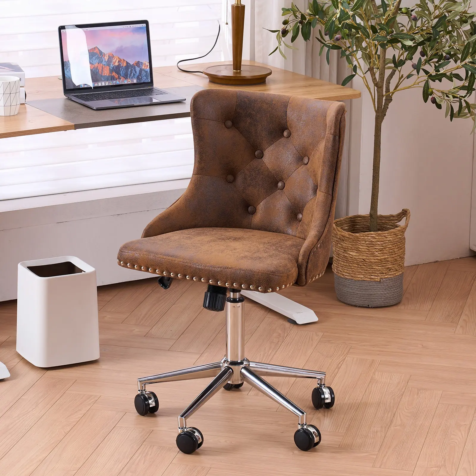 VINGLI Velvet Armless Home Office Desk Chair with Gold Base/Wheels, Small Cute Vanity/Makeup Chair with Back for Bedroom, Upholstered Adjustable Rolling Swivel Nail Chair