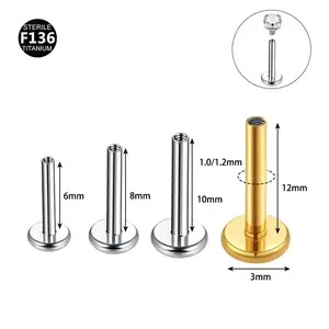 F136 Titanium Labret Stud, Internal Threaded 3mm Flat Base Piercing Bar, Hypoallergenic Ear/Lip Piercing Jewelry for Men Women