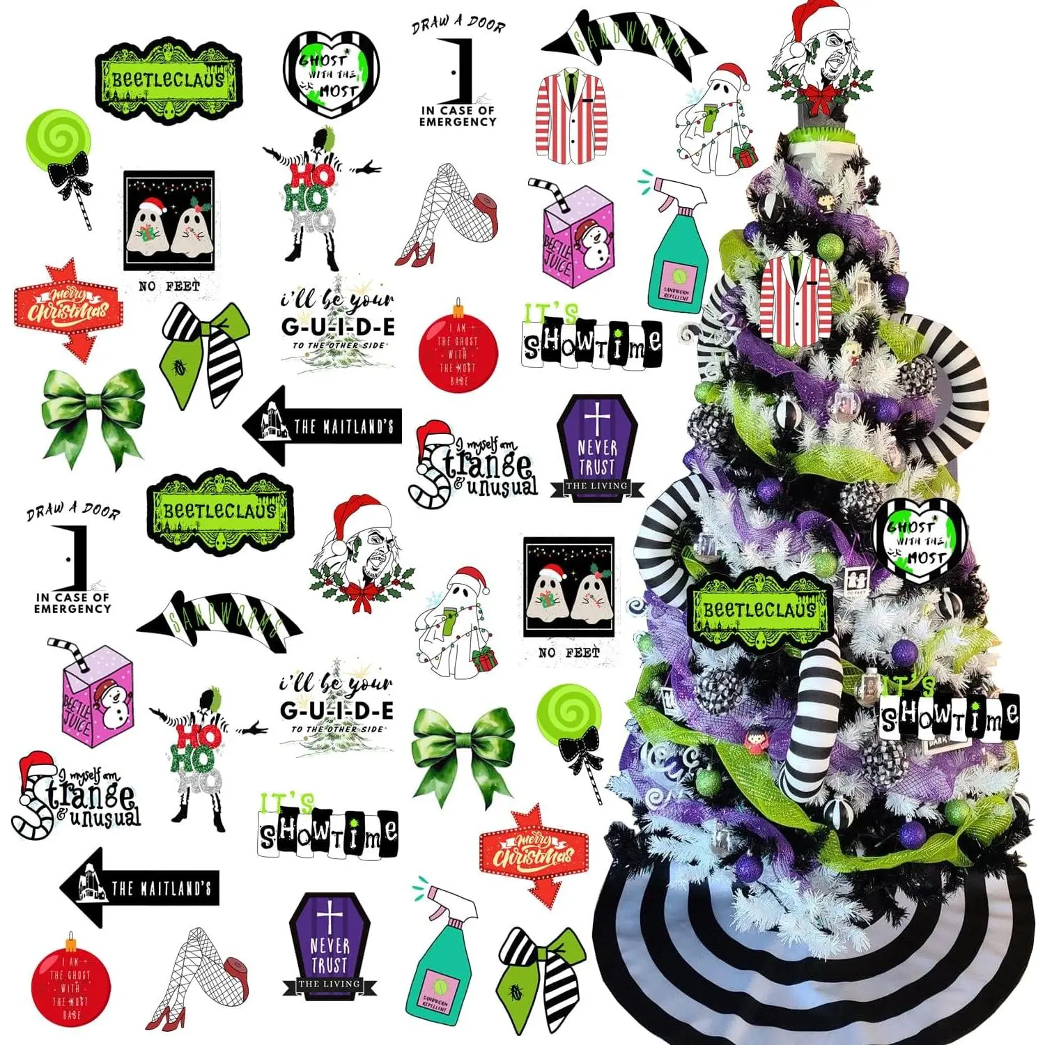 Halloween Ornaments Tree Decorations, 45Pcs Beetled Christmas Tree Ornaments, Double-sided Paper Cards Beetle It's Show Time Holiday Hanging Ornament for Halloween Christmas Party Home Door Wall Decor