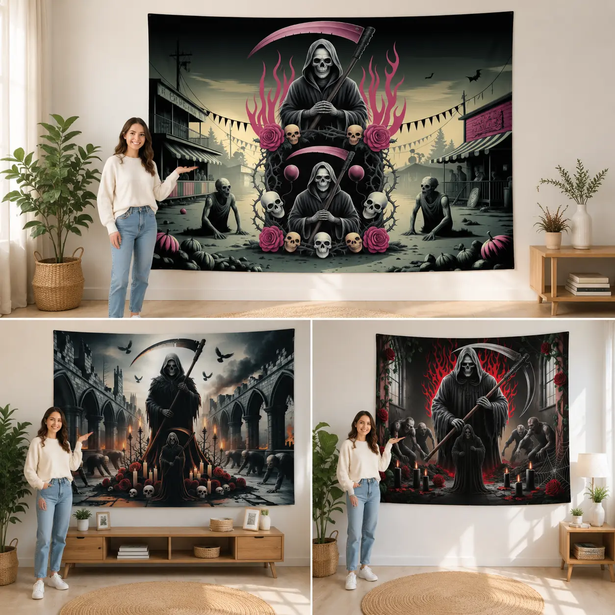 Gothic Halloween Backdrop Wall Tapestry, Dark Fantasy Skeleton Castle Background, Mysterious Reaper Style Party Photo Booth Decoration, Spooky Medieval Theme Photography Background for Home Party Decor