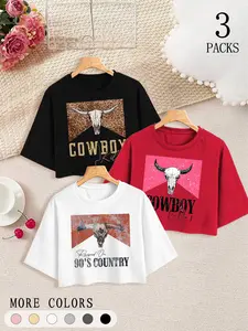 3/1 Pack Women's Western Cowboy Cropped T-Shirts, Vintage Bull Skull Print Short Sleeve Tops, Casual Loose Fit Tees for Country Concert Streetwear Summer Womenswear