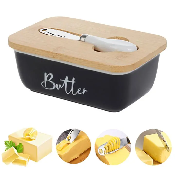 Premium Butter Keeper with Lid – Stainless Steel Butter Box with Natural Bamboo Lid, Butter Knife & Double Silicone Seal. Flip-Top Countertop Storage Container, Easy-Clean Design for Freshness Preservation, Kitchen, Dorm & Daily Breakfast Essentials
