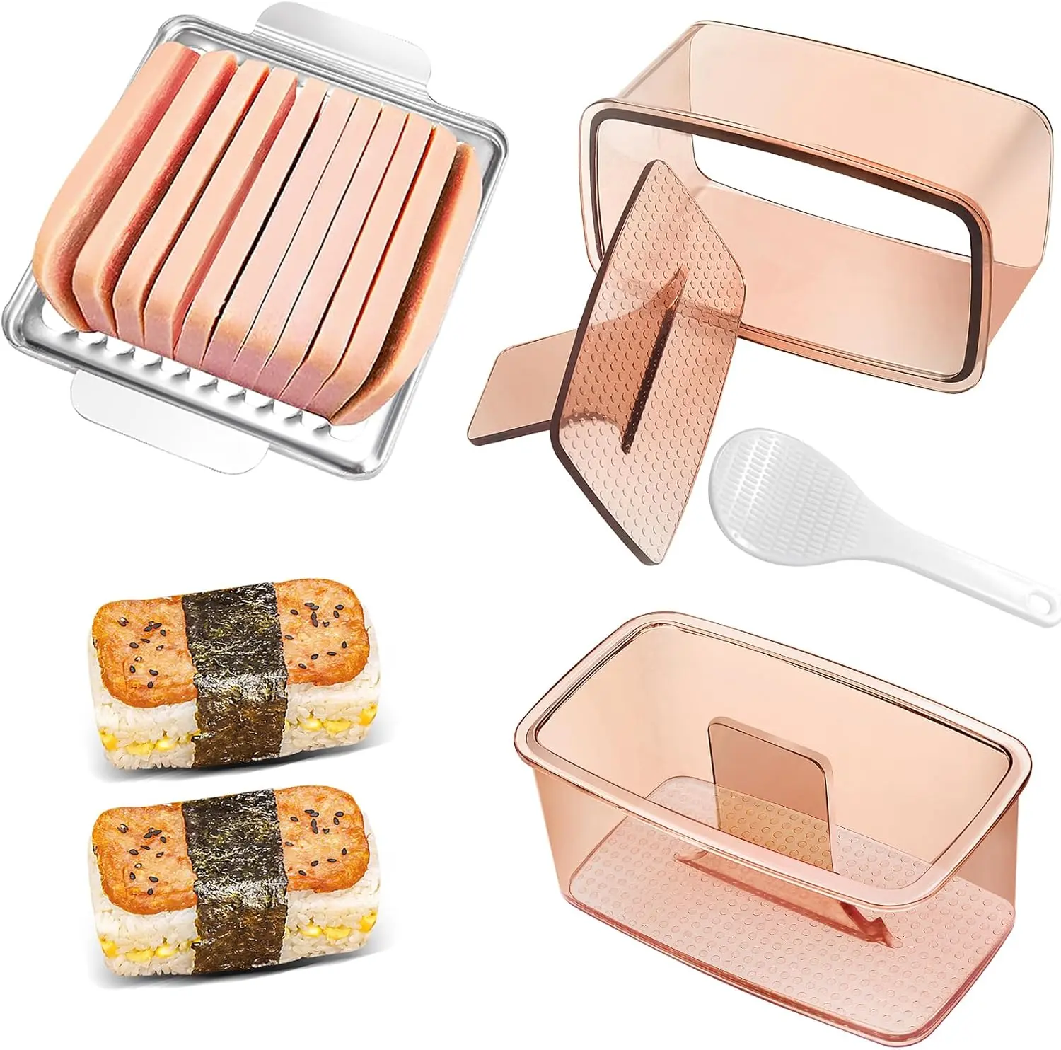 2 Pack Onigiri Mold Hawaiian Musubi Maker Kit with 304 Stainless Steel Luncheon Meat Slicer for SPAM