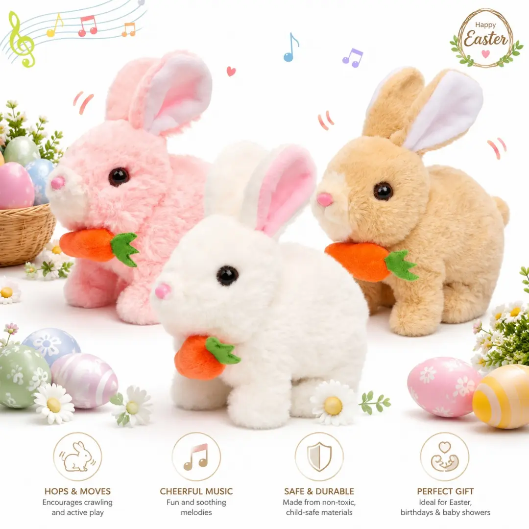 Unisex Electronic Walking Bunny Plush Toy for 3-4 Years Old, Easter Hopping Rabbit with Wiggle Ears and Sounds, Toddler Birthday Gift