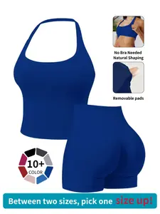 Women's Two-Piece Sports Set, Solid Color Halter Top & High Waist Shorts, Breathable Quick Drying, Ideal for Yoga Gym Workout Running
