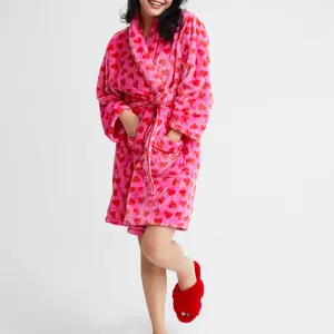 Women Winter Plush Robe Long Sleeve Lapel Tie-up Stripe Heart Candy Triangle Prints Sleepwear Loungewear