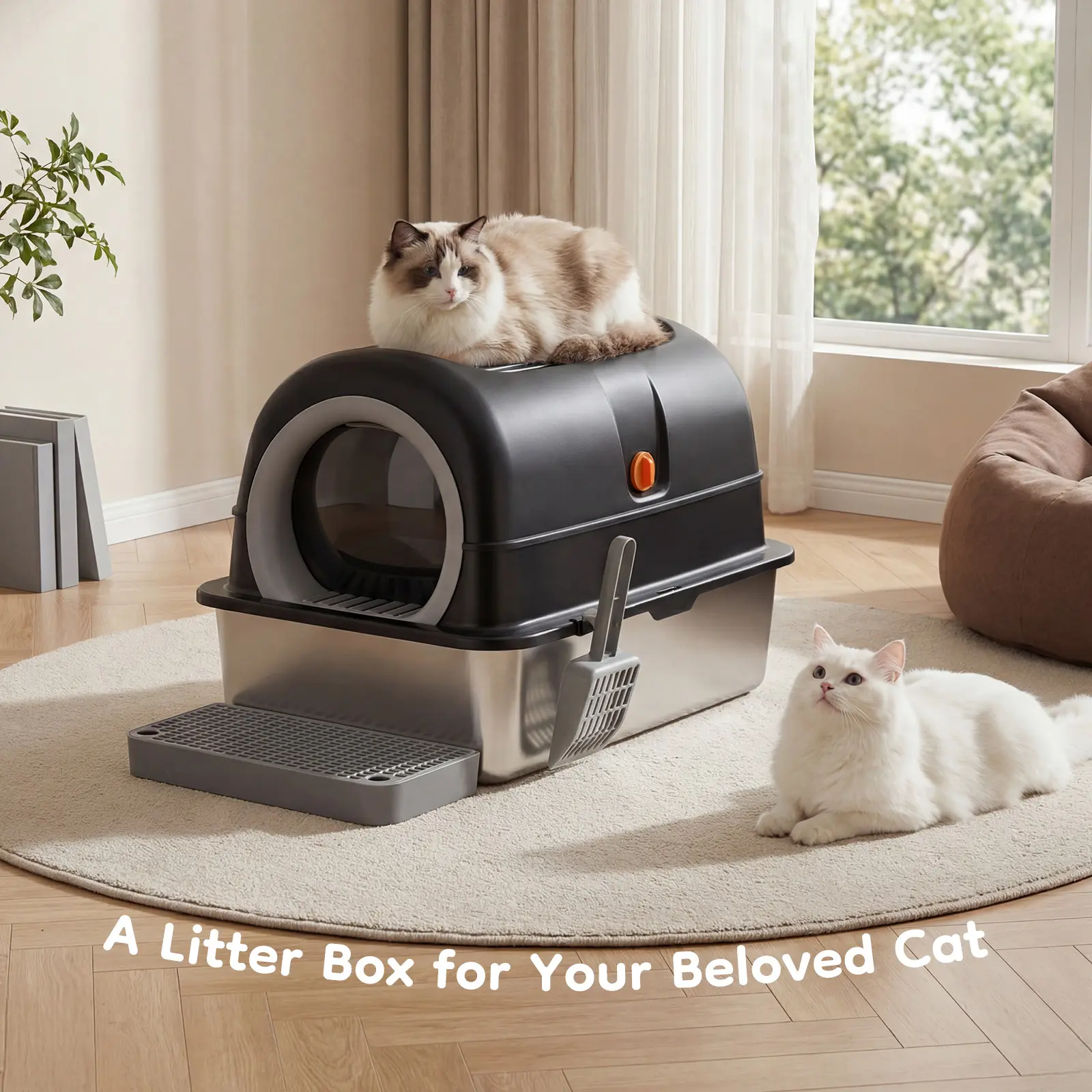 Stainless Steel Cat Litter Box with 3-in-1 Convertible Design, Dual Entrance, Litter Control Step Board & Charcoal Pack, Odor-Free, Durable, for Small to Large Cats