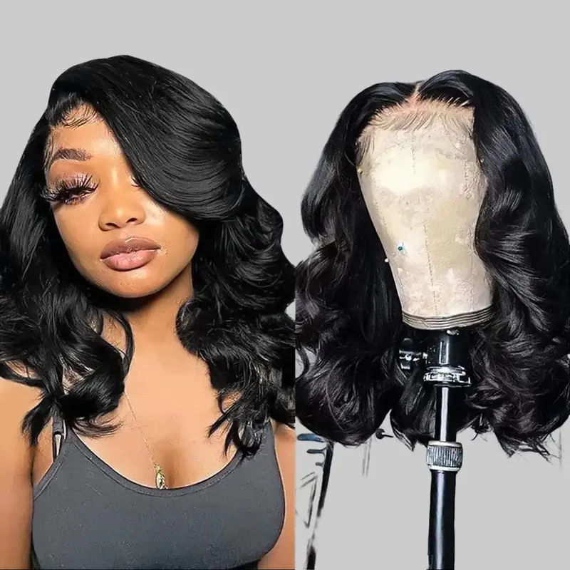 UFHair Glueless Virgin Human Hair Lace Front Wig - 13x6 HD Lace Wear and Go Pre-Plucked Pre-Cut 14in 180 Density Body Wave Short Bob, Heat Resistant Natural Color Wig for Black Women, Back To School, Wigs Human Hair, Human Hair Wigs