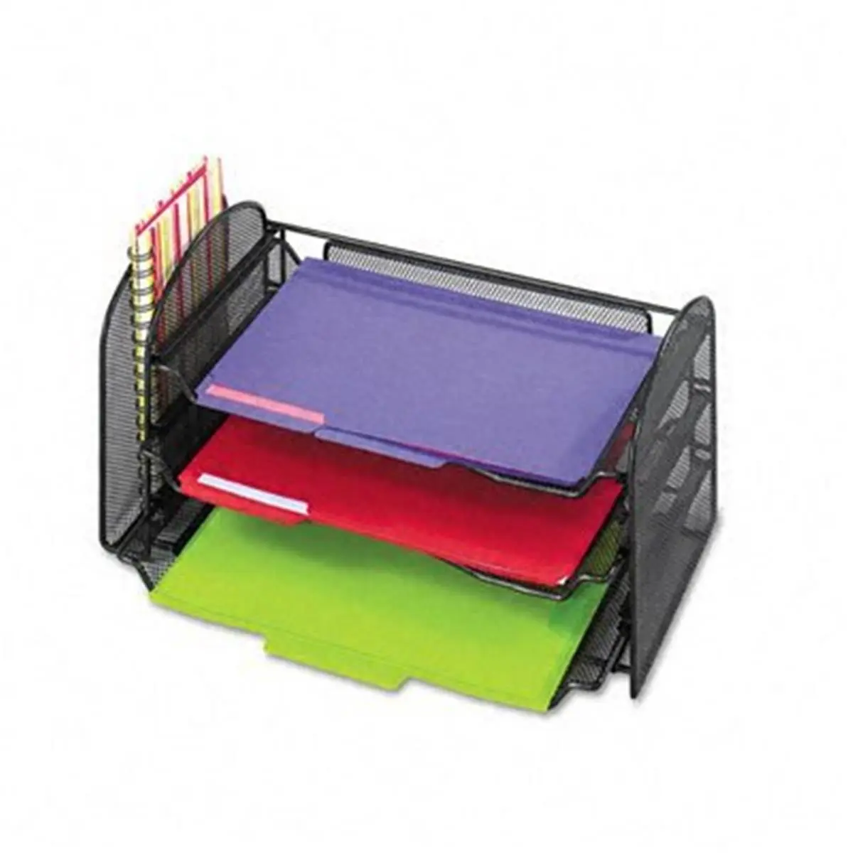 Safco 3265BL Steel Onyx Mesh Office Desk Organizer for Office Workers - 3 Sliding Horizontal Sections, 1 Vertical Section, Bottom Tray May Be Removed - Black, Organizes Letter Size Documents