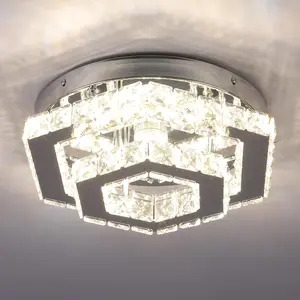 Modern Crystal Chandelier LED Flush Mount Ceiling Light Hexagonal Pendant Lamp Fixture 3 Color Changing Ceiling Light for Bedroom Hallway Bar Living Room Bathroom