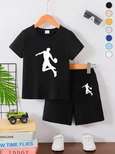 Summer Boys' T-Shirt Short Sleeve + Loose Shorts Set, Sports Suit Set, Fashionable Basketball Player Pattern, Casual Outdoor Athletic Playwear, Ideal Gift