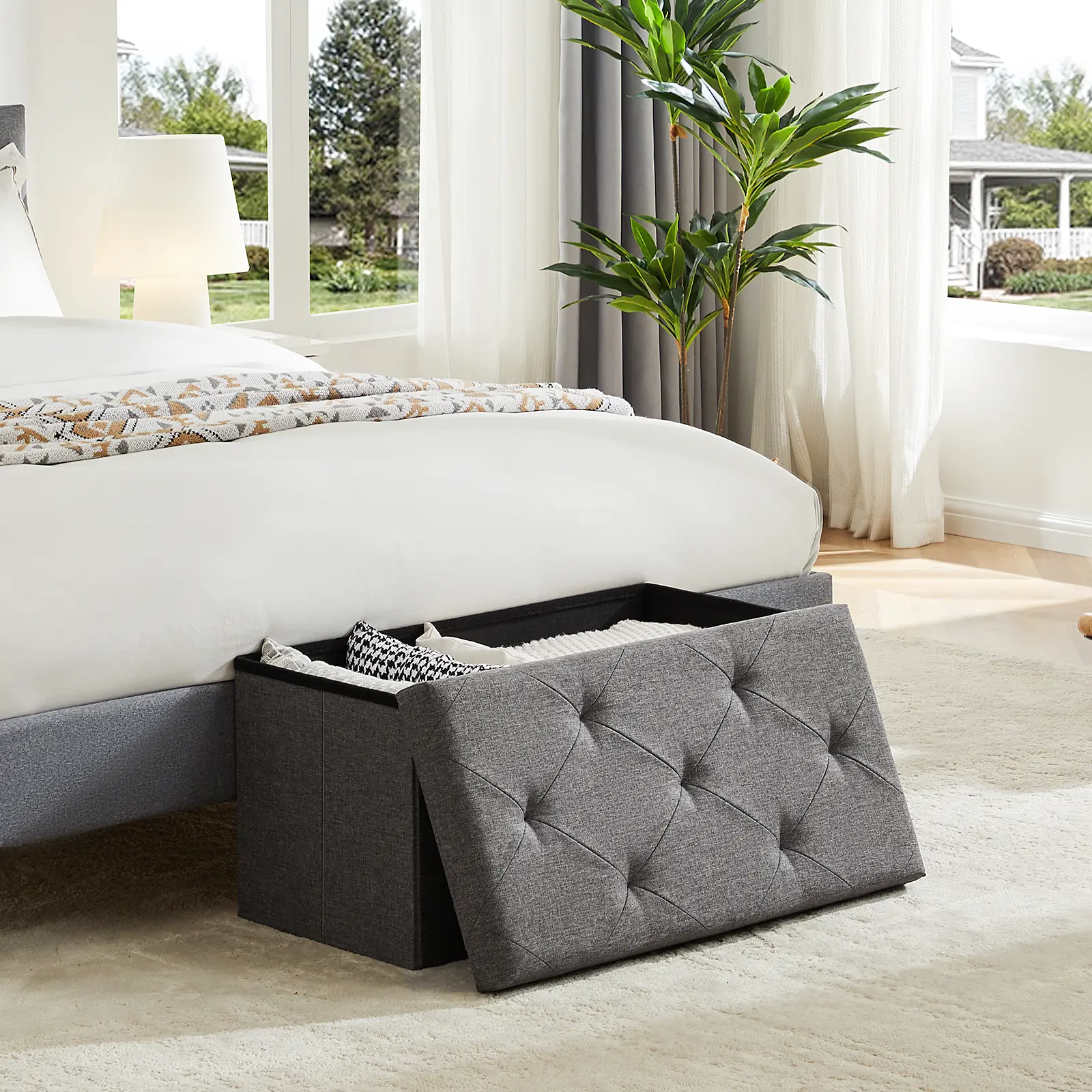 Can be used for living room/entrance/bedroom storage space, stool cushion seat rectangular chair foot lounge box, gray, small
