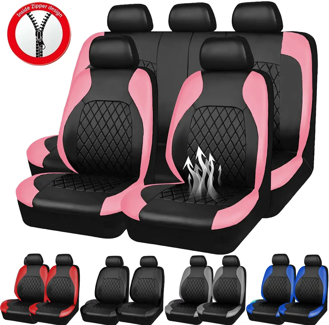Universal for 5 Seats Full Set Car Seat Covers, Premium Waterproof PU Leather Cushion Protectors, 40/60 Split Front and Rear Bench Seat, Breathable Auto Accessories,Fit for Vehicles Sedans SUVs - (Black/Red)