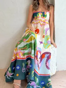 GILIPUR Fantasy Graffiti Print Strappy Maxi Dress — Resort-Style Strapless Flared Dress (TChic)