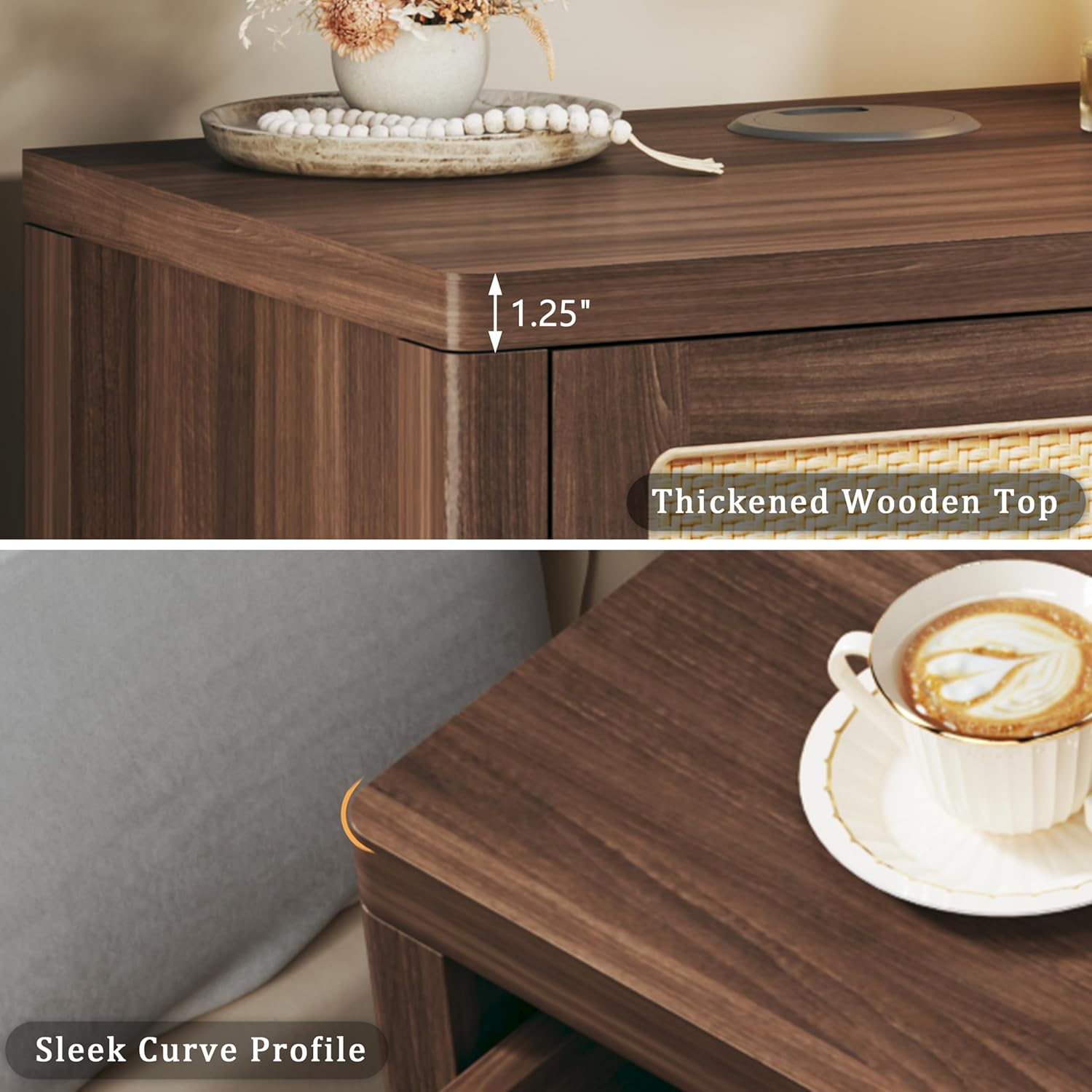 Wide Nightstand, 26" Mid Century Modern Wooden Night Stand, Rustic Bedside Table with Rattan Drawer, Large Side Table with Wireless Charging, Vintage End Table with Storage for Bedroom, Walnut