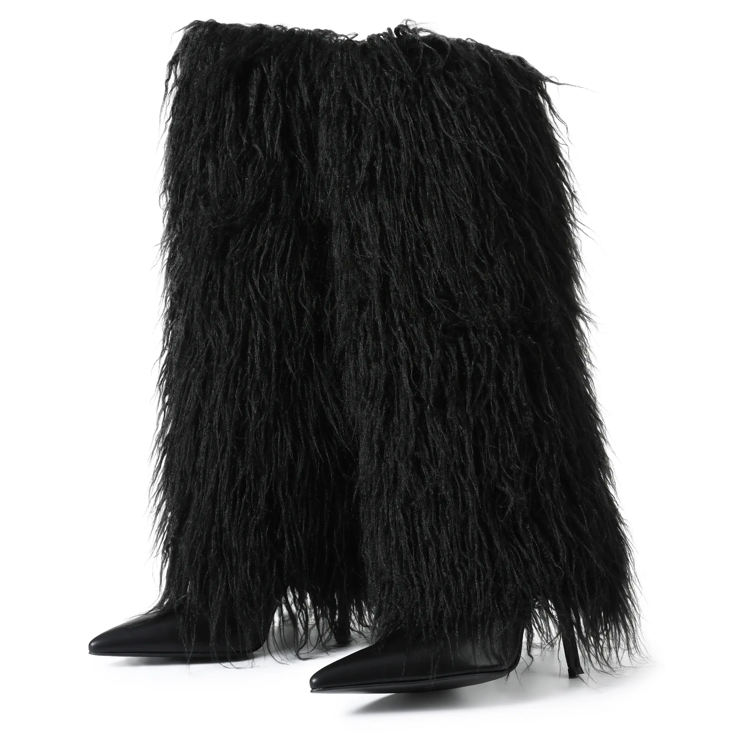 Women Knee High Fluffy Fur Boots Stiletto Heels with Pointed Toe Kitten Heel Pull On Solid Color Boots Ladies Boots Nightclub Dress Shoe Footwear shopping black fashion fall 2026