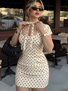 Polka Dot Dresses For Woman Lady Fitted Lace Up Mini Dress Spring Summer Short Sleeve Round Neck Elegant Party Dresses Sexy Cut Out Dotted Short Dress Women Resort New Women's Festive Dress