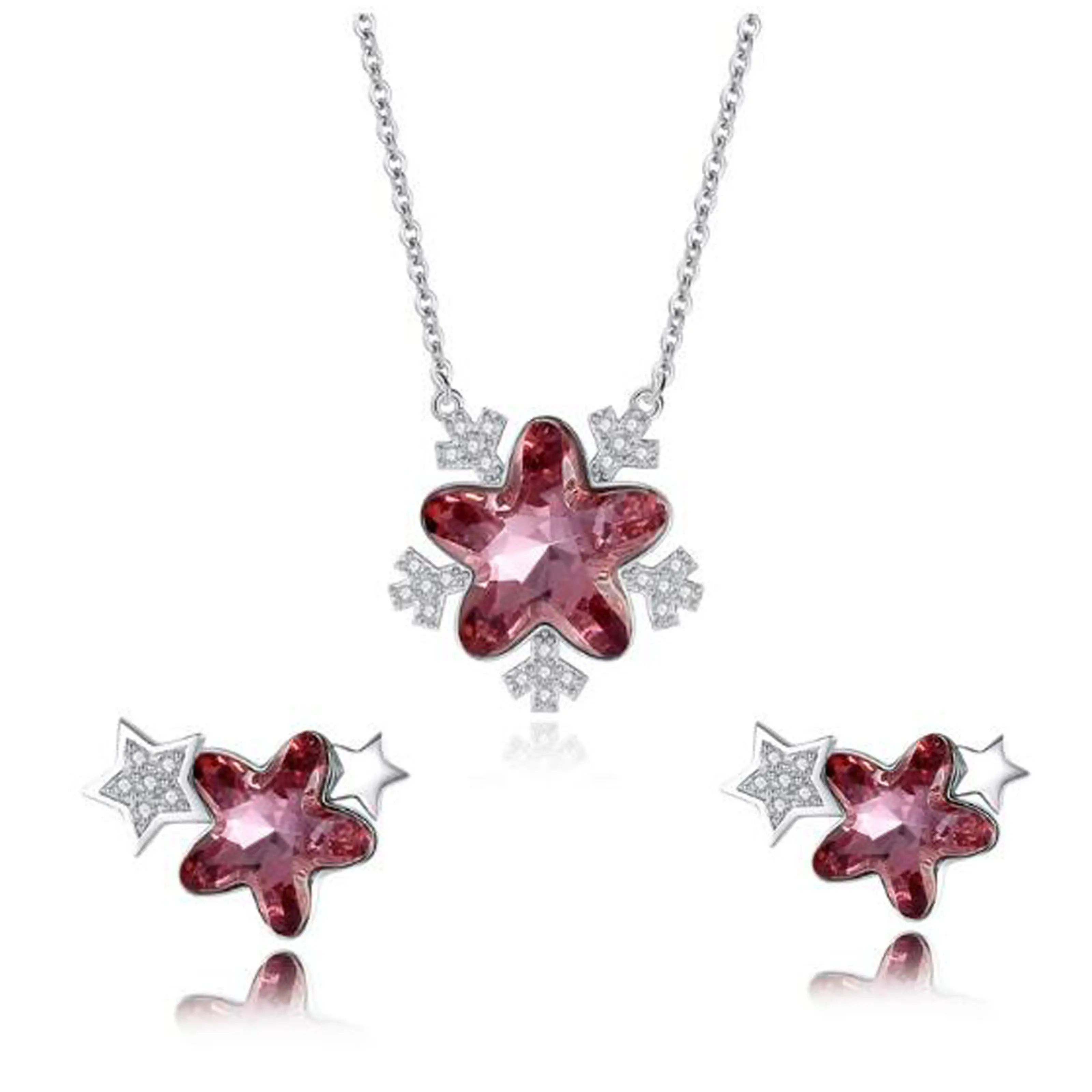 Enchanting Pink Snowflake Necklace and Earring Set Delicate Winter Jewelry for a Touch of Elegance