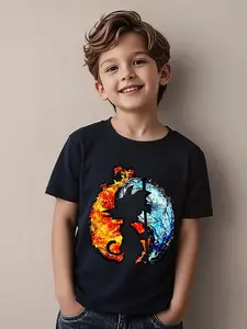 Children's summer comfortable "Ice and Fire Tai Chi Sun Wukong" pattern Graphic Tee, outdoor casual sports - boys' cartoon printed T-shirt
