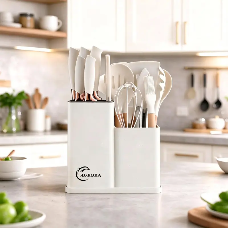 19 PCS Silicone Cooking Utensils Set, Wooden Handle Kitchen Tools with Knives, Cutting Board & Storage Holder, Food Grade Heat Resistant Non-Scratch Utensils