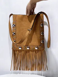 Boho Style Rivet Trim Crossbody Bag, Unique Design Thin 2026 New Arrival, Imitation Deer Skin Velvet Fringe Shoulder Bag