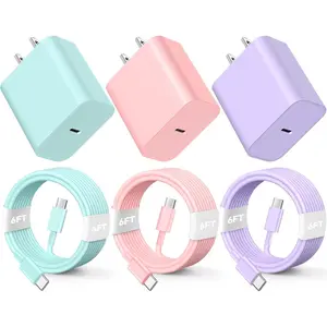 SANPRIO 3-Pack 20W USB-C Fast Charging Block & 6ft Cable for iPhone 16 15 Pro Plus Pro Max Colorful Wall Charger Set