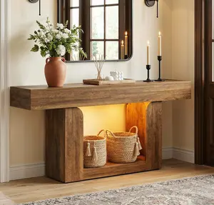 Homieasy 63'' Console Table, Entryway Table with LED Lights & Charging Station, Farmhouse Wooden Sofa Table for Living Room, Couch Table, Entrance Table, Living Room Furniture, mothersdaygift