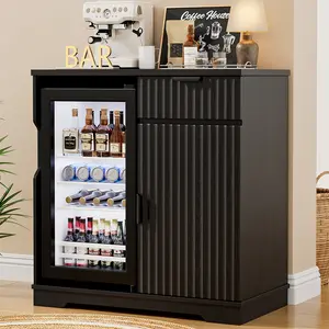 MIIFUNY Fluted Wine Bar Cabinet with Fridge (Fridge Included), 47" Coffee Bar Cabinet with Wine Rack and Glass Holder, Liquor Cabinets with Drawer & Storage, Home Bar for Dining Room Kitchen, Black