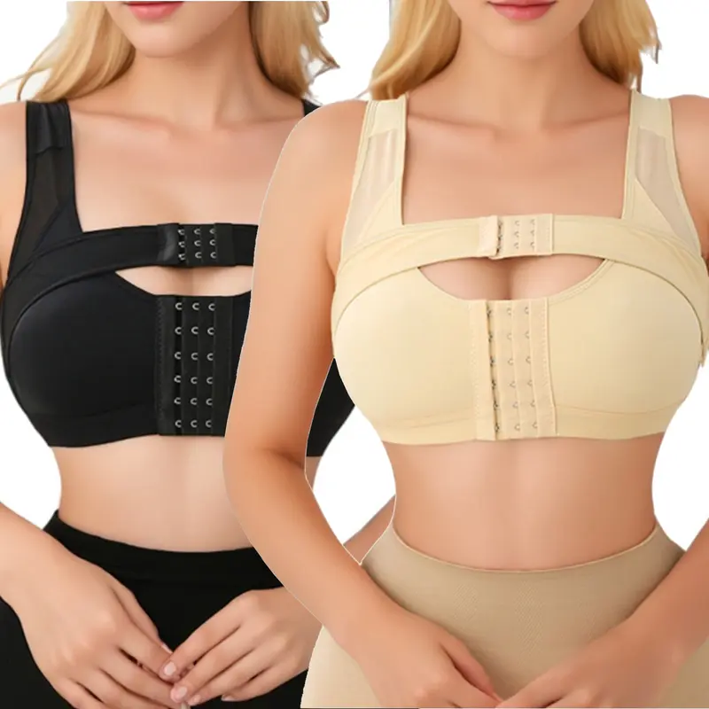 Women's Wire-Free Full Coverage Shapewear Compression Bra - Breathable Nylon Spandex Fabric, Front Hook-and-Eye Closure, Post-Operative Garment, Posture Corrector Back Support, Adjustable Straps, Elegant Smooth Design for Work, Halloween Holiday Use