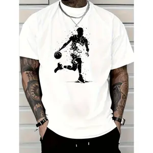 Men's Red Basketball Graphic T-Shirt - Athletic Sportswear with Player Silhouette Design Sports short sleeved top