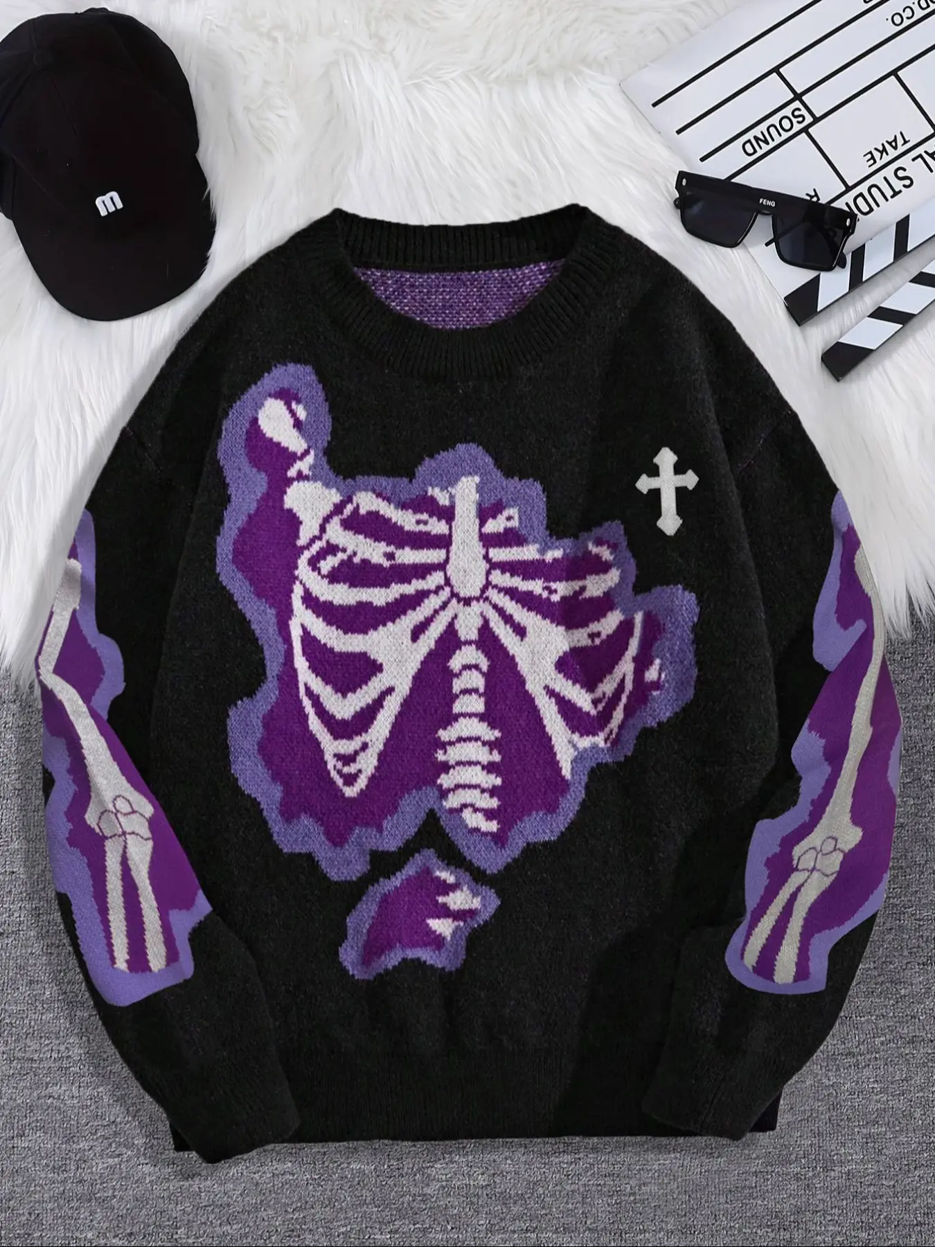 Men's Punk Rock Cross Skull Knit Sweater, Halloween Autumn Winter Casual Warm Micro-Elastic Round Neck Pullover