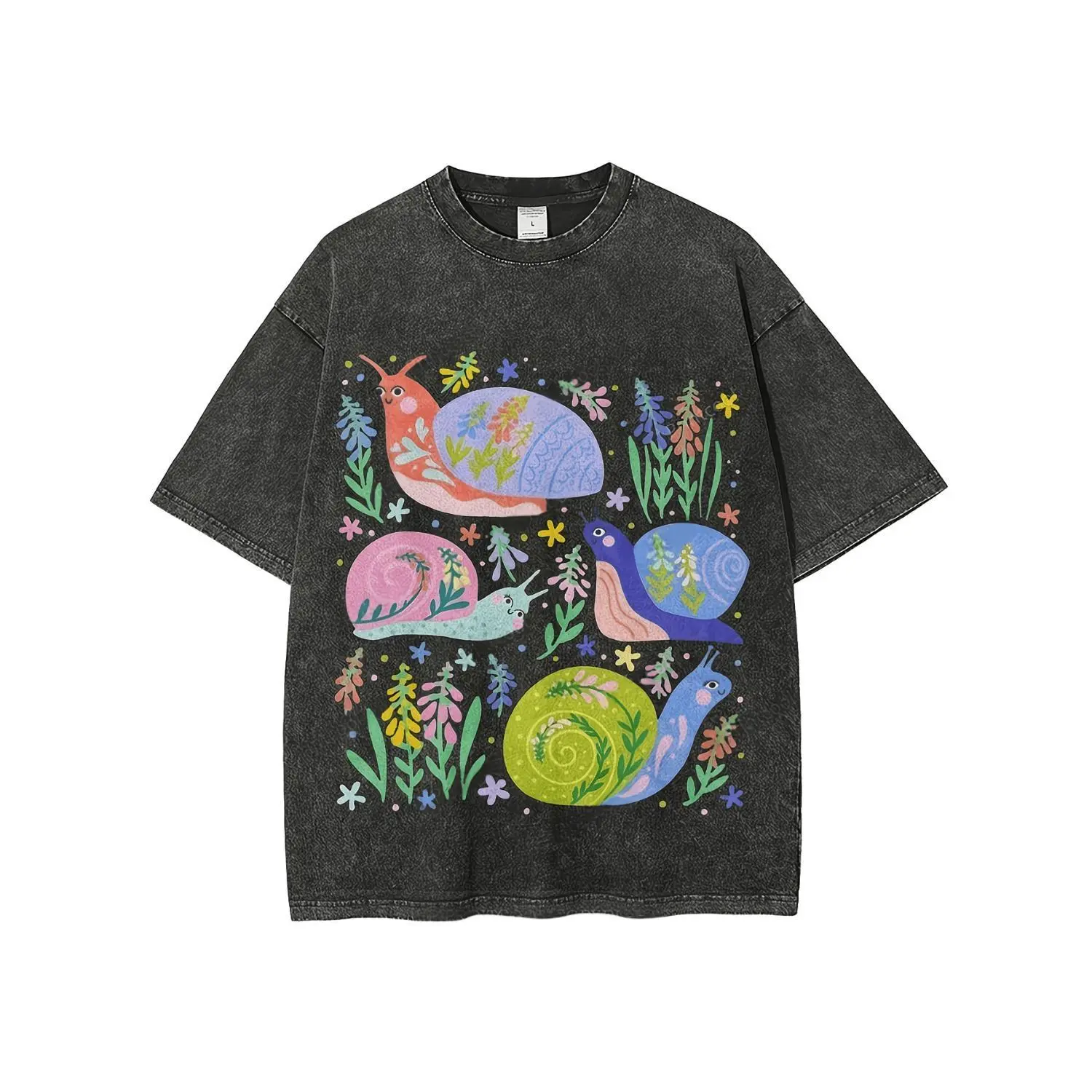 Y2K Vintage Washed Black Printed T-Shirt - Short Sleeve Colorful Snails Flowers Year-Round Wear, Street Style And Versatile