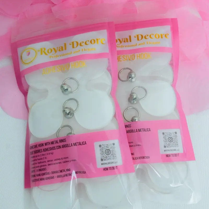 Royal Decore, Adhesive Hook with Metal Ring. Strong adhesive hook for balloons or lightweight items (up to 2 lbs). Each pack includes 8 pieces. Easy to stick, easy to remove- perfect for party setups, decorations and more