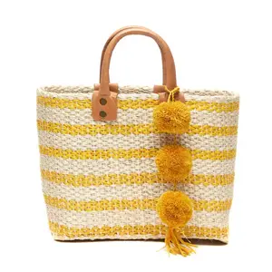 Mar Y Sol Women's Tybee II Strped Mini Handheld Tote Sisal Straw Bag w Pom Pom (Yellow)