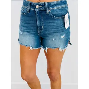 Dark Denim Side Slit Distressed Shorts (Reg & Plus)
