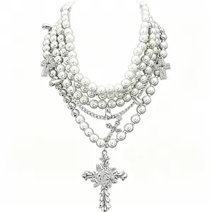 Mieuas Layered Pearl  Gothic  Pearl Stacked  for Women Vintage Titanium necklace Cross high quality gift prayer menseaster girlfriend anniversary goth jewelry maker twist special version designer